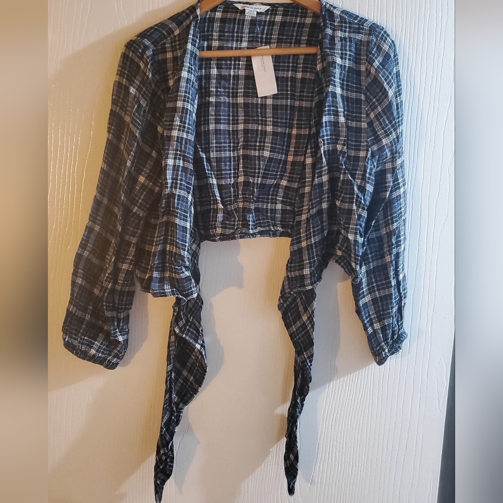 American Eagle Outfitters Navy Plaid Shirt Tie Crop Top - Halloween Cowgirl